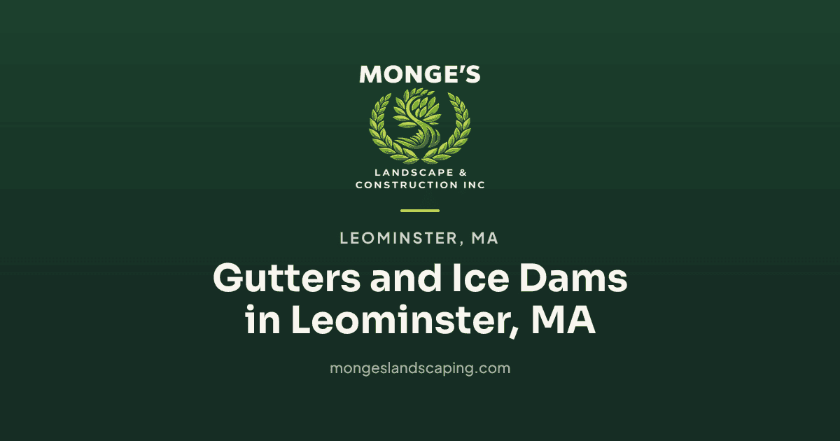 Monge's Landscaping logo on a dark green background with the title Gutters and Ice Dams in Leominster, MA