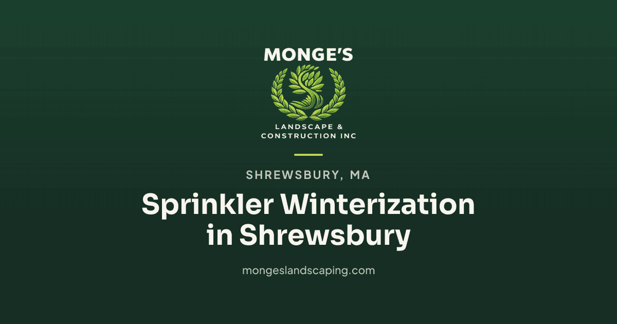 Monge's Landscaping logo on a dark green background with the title Sprinkler Winterization in Shrewsbury