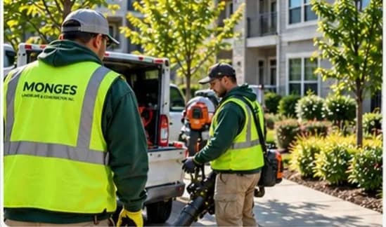 Two crew members in high-visibility vests next to a work truck