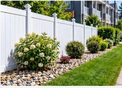 White vinyl fence behind a finished planting bed