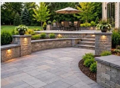 Paver patio and walkway between buildings