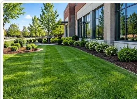 Freshly mowed, striped lawn in front of a building