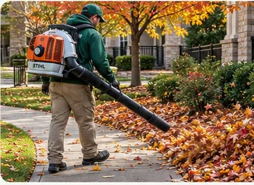 Fall leaf cleanup around a building