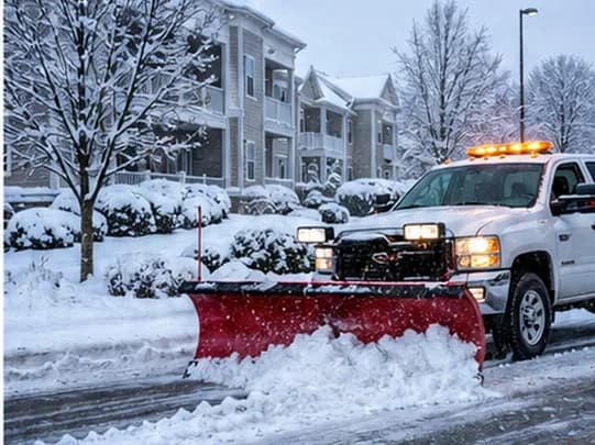 Plow truck clearing snow from a parking lot