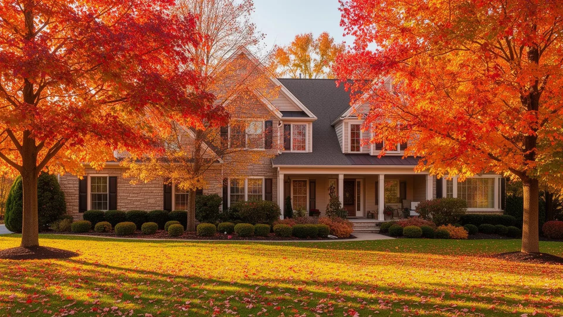 Fall cleanup on a leaf-covered New England lawn